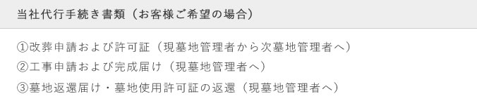 当社代行手続き書類（お客様ご希望の場合） ①改葬申請および許可証（現墓地管理者から次墓地管理者へ）②工事申請および完成届け（現墓地管理者へ）③墓地返還届け・墓地使用許可証の返還（現墓地管理者へ）